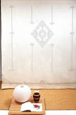 Tenda di Puro Lino bianco Ricamata a Mano con sfilato Siciliano cm. 270x310