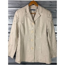 Amanda Smith 100 Linen Blazer Beige Floral Embroidered Jacket Mens 8 vtg