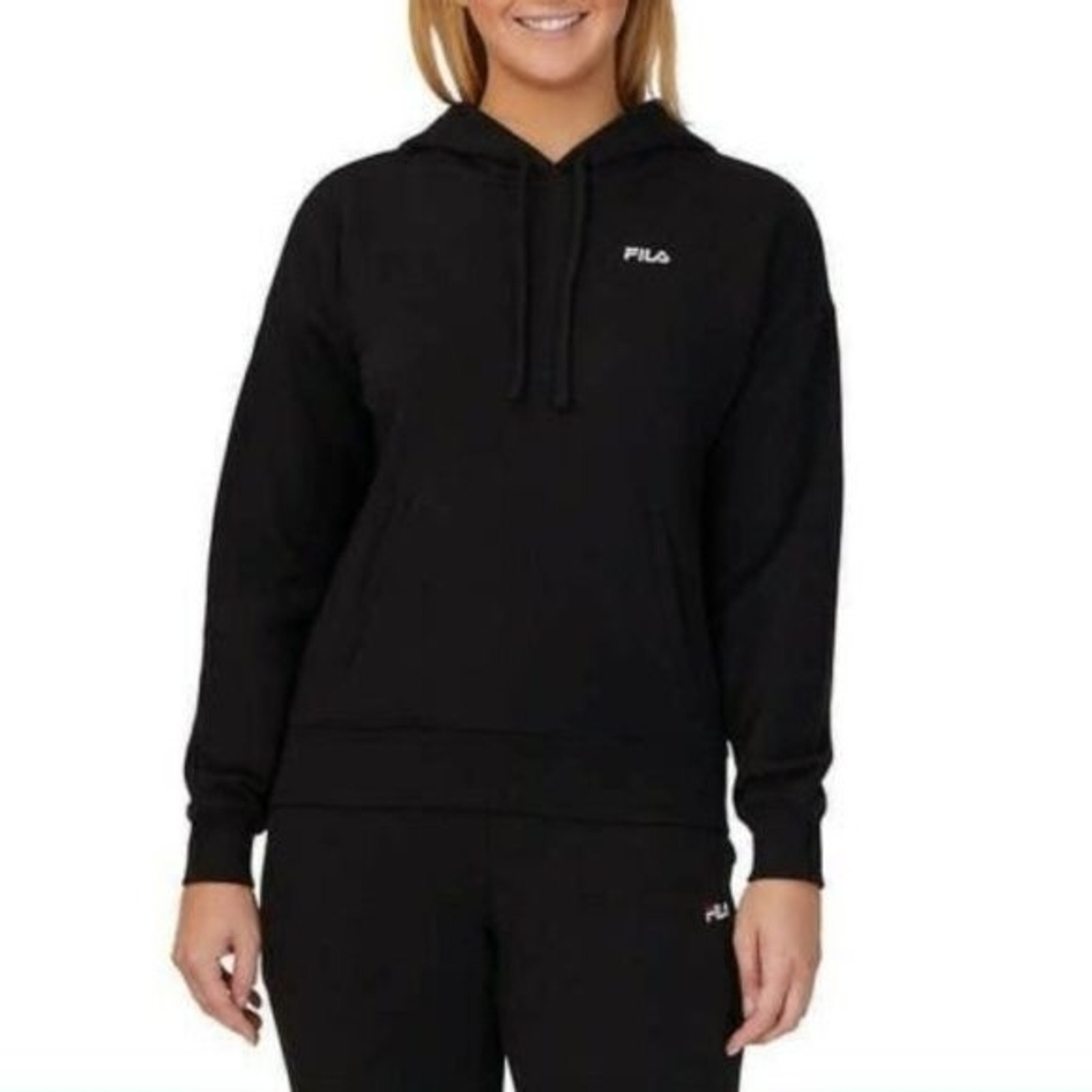 Pullover donna Fila nero felpa con cappuccio media davanti tasche canguro logo elasticizzato nuovo