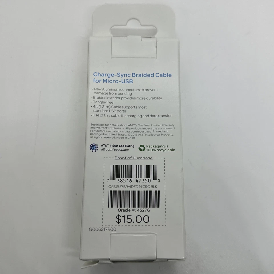 Cable trenzado AT&T sincronización de carga de 4 pies micro USB totalmente nuevo Foto 2 de 2