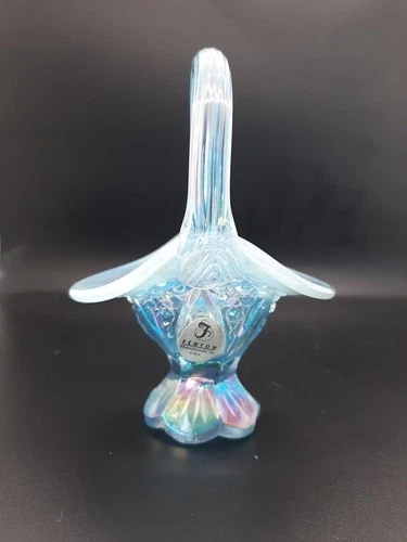 4in FENTON irredescent blue basket.