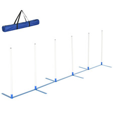 Dog Agility Pole Set 305cm Polyester White Poles Blue Base 6pc CarryBag Foldable