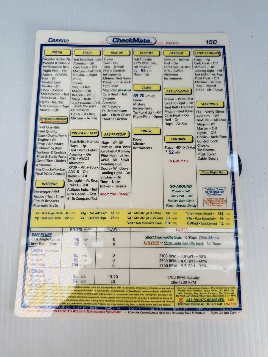 Cessna 150 Checklist Card CheckMate Pilot Quick Reference