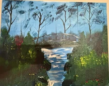 Vtg Original Acrylic Painting Bridge By The Water