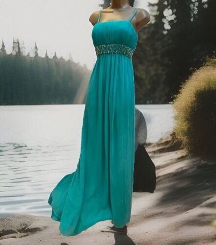 Goya London Beaded Turquoise Chiffon /satin Stunning Prom Dress, Size 12 VGC - Picture 19 of 24