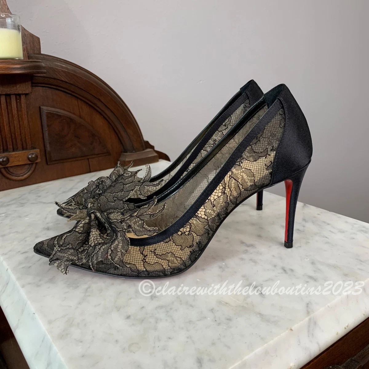 Louboutin Delicatissima 85 Black Guipure Lace Satin Pumps size