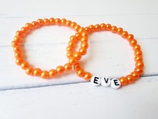 Set of 2 Orange Custom Name Bracelet, Initial Bracelets, Pearl Name Bracele