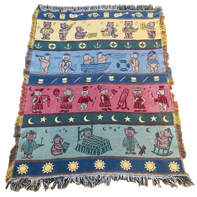 Vtg Crown Crafts Tapestry Woven Fringe Throw Blanket Bears Music Bedtime Sailor
