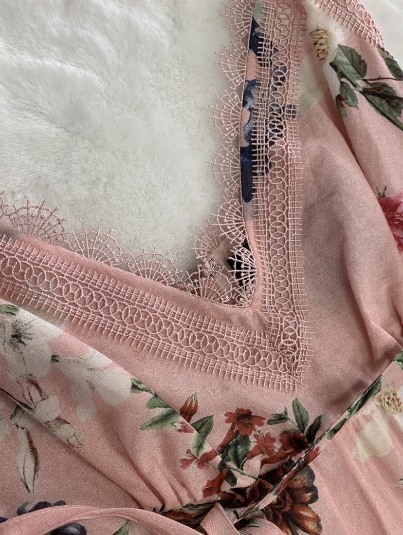 Nicholas Lilac Floral Pink Lace Trims Tiered Tie Maxi Dress Size 6 Retail  $695 | eBay