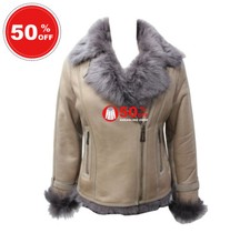 Ladies B3 Sheepskin Jacket Tuscana Grey Stone Cross Zip Shearling Fur Jacket