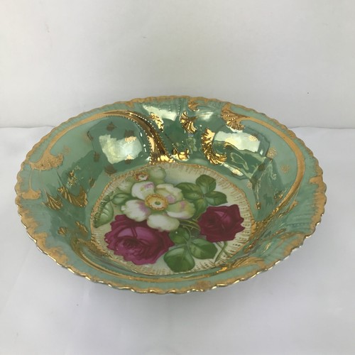 Vintage Germany Porcelain Scalloped Bowl with Roses Floral Gold Blue Lustre Edge - Picture 8 of 11