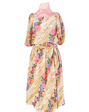 Vintage 70s Square Neck Floral Belted Size 8 Spring Pleated Cottage Midi Dress