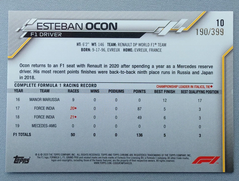2020 Topps Chrome Formula 1 F1 Esteban Ocon Purple Refractor /399 # 10 Renault - Image 2 of 2