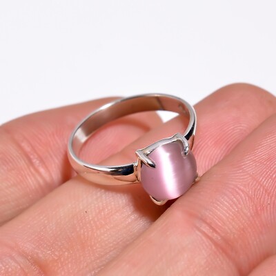 Pink Cats Eye Gemstone Jewelry 925Sterling Silver Handmade Ring For Wedding Gift