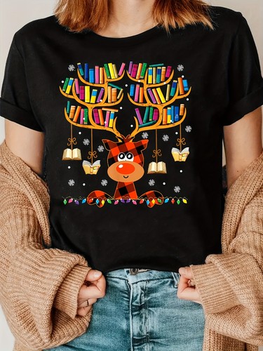 Santa Festive Reindeer Librarian T-Shirt Cartoon Graphic Round Neck, Casual Top - Picture 9 of 12