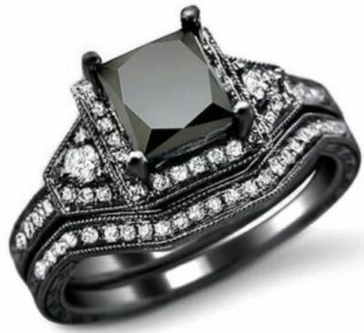 2.33 Ct Princess Diamond Bridal Set Black Silver Ring Lab Created Christmas Gift