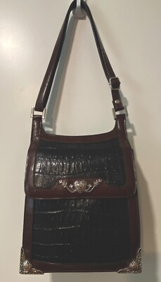 Marc Chantal MC Black Leather Handbag Faux Croc Silver Embossed Accents  Vintage