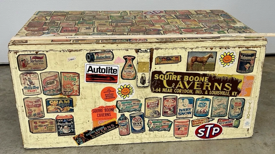 Caja de almacenamiento de madera de nostalgia pegatinas vintage años 60 maletero cofre de herramientas Foto 2 de 4