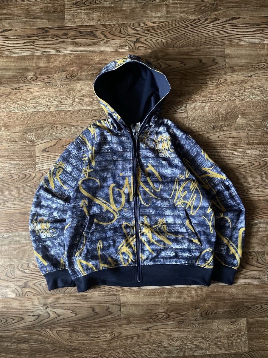 Raw Blue Full Zip Hoodie Overprint Y2K Style Hip Hop Graffiti Rap