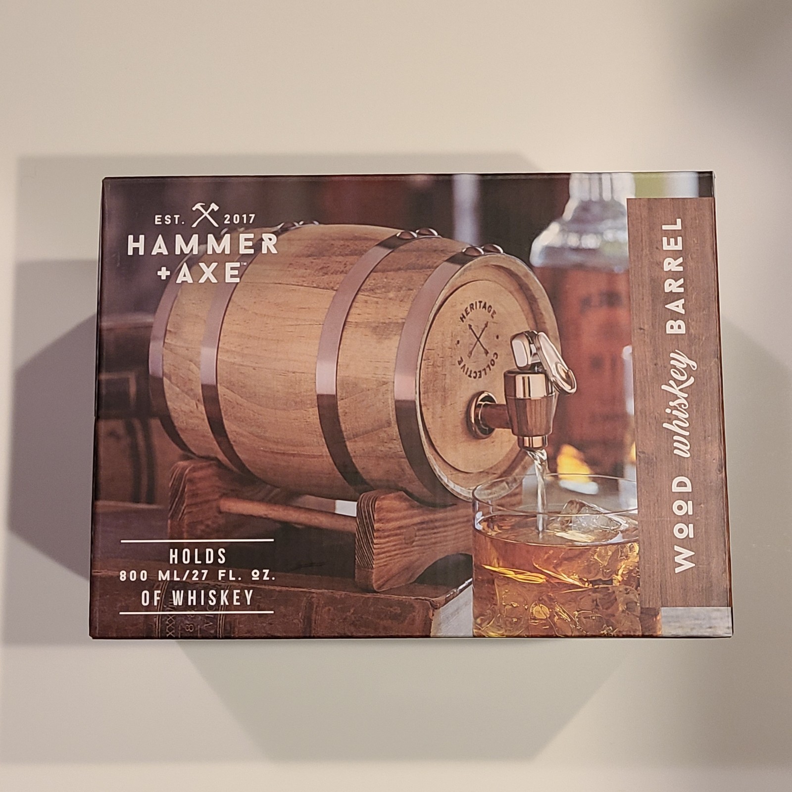 Hammer & Axe Wooden Whiskey Barrel 800ml Oak Aging Cask Spirits Dispenser 27oz