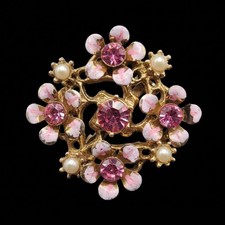 Vtg Pink Flower Cluster Brooch Scatter Pin Gold Tone Rhinestone Enamel Bouquet