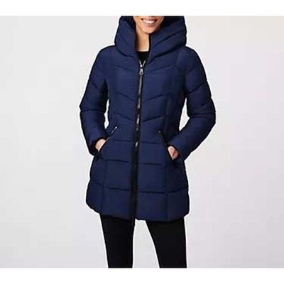Bernardo NWT Puffer Coat Navy Blue Night Shadow EcoPlume Fill Hooded Walker S