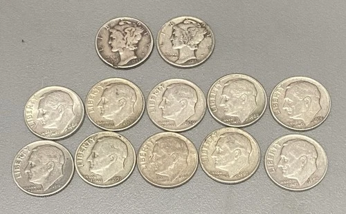 Lot Of 12 90% Silver Dimes Good Circulated Condition. 10 Roosevelts / 2 Mercury.