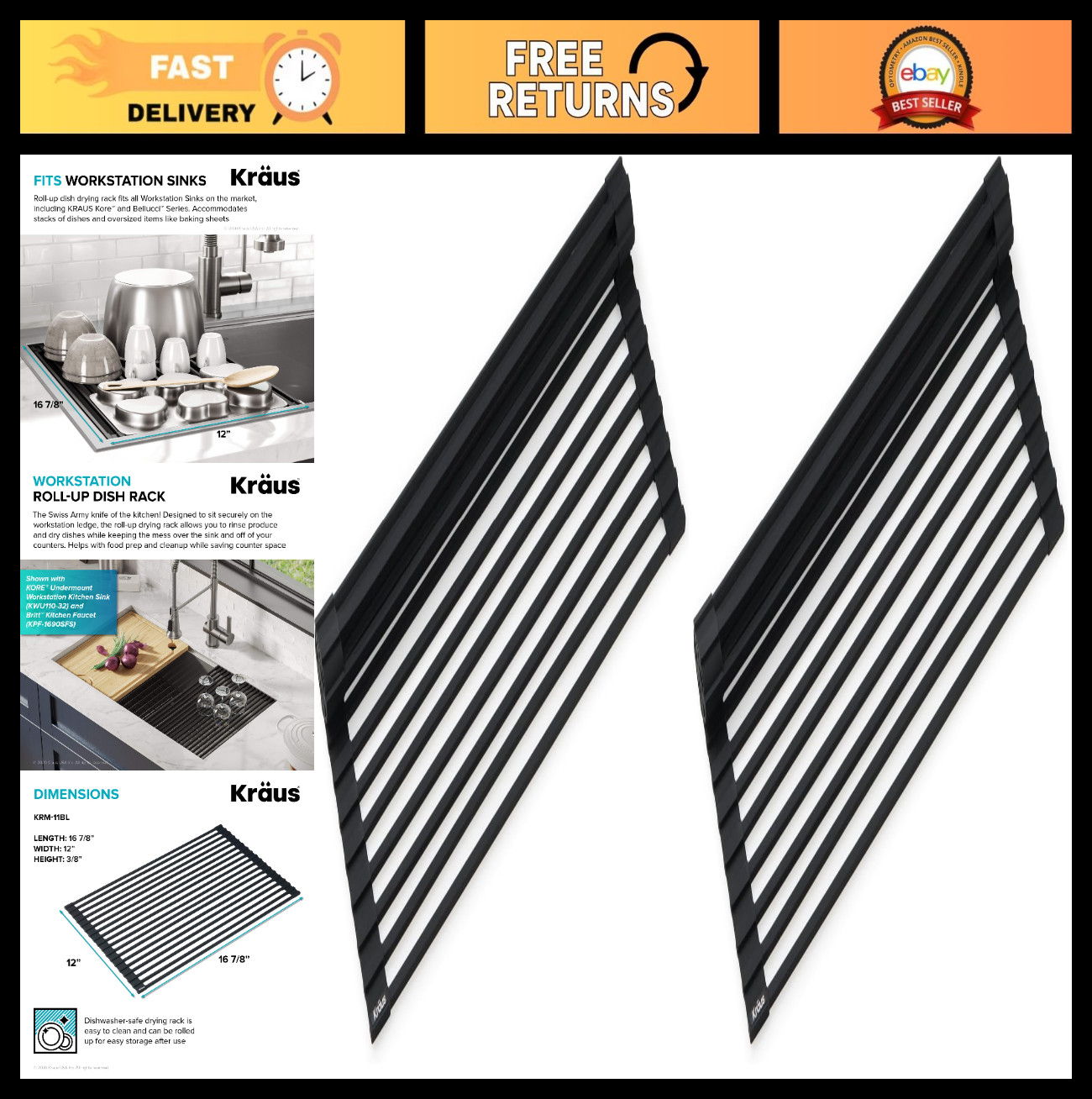 Multipurpose Workstation Sink Roll-Up Drying Rack & Colander Set - Black (2 Pack