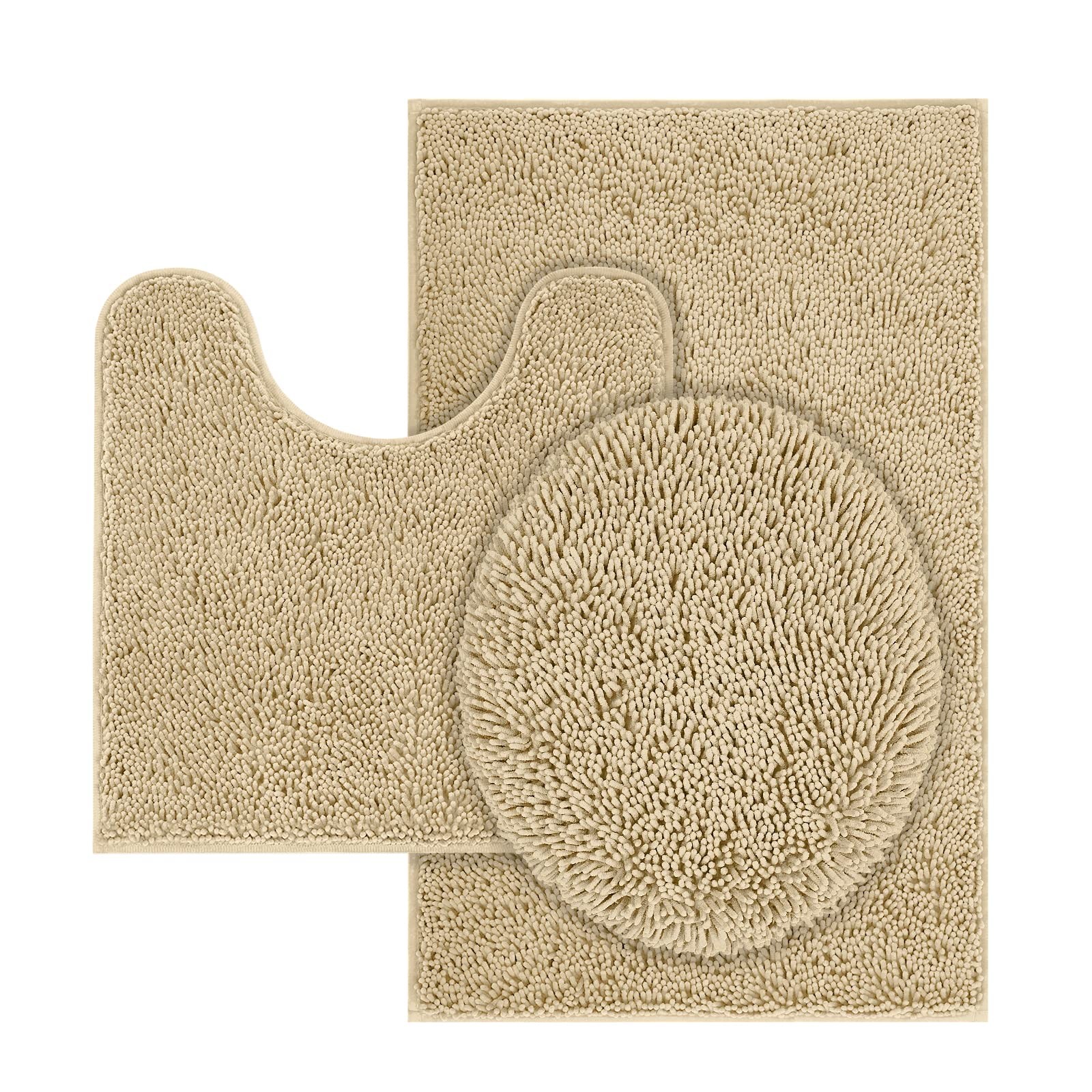 Chenille Bath Mat Set 3-Piece 20x20 Inch U-Shape Non-Slip Bathroom Rugs