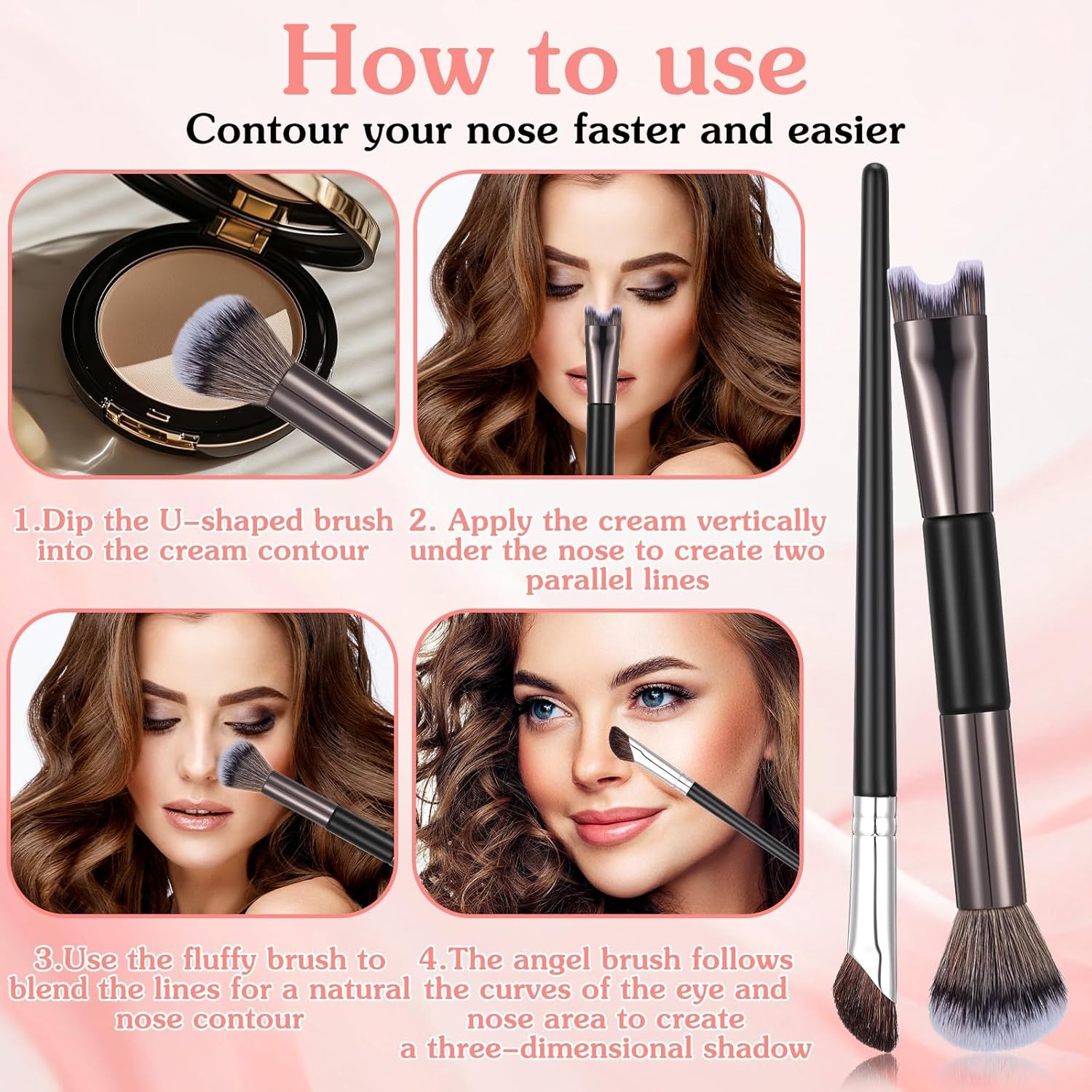 Grevosea 3 Pcs Contour Brushes for Makeup, 2 in 1 Dual-End Nose Contour Brush An