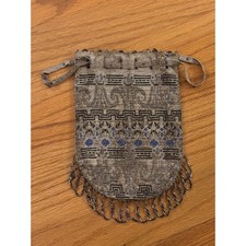Antique Art Deco flapper Beaded Reticule Drawstring Bag Silver Blue 1920s era