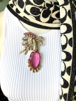 Rare Large Vtg Eisenberg Sterling Gold Tone Brooch / Pin with large Pink Stone.