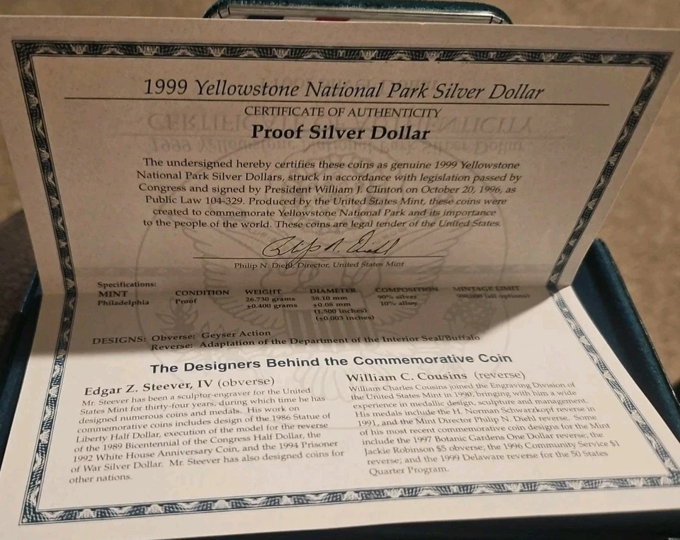 (1) 1999 P Yellowstone National Park Silver $1 Dollar Proof Coin w/Box & COA - Image 3 of 4