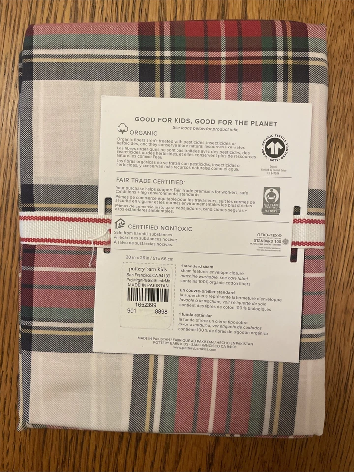 NEW Pottery Barn Kids Morgan Plaid Organic Flannel Standard Sham, Red Multi NEW - Image 2 of 4