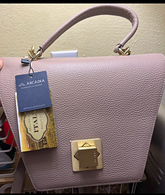 Arcadia Medium Trapezoid Satchel Taupe Top Handle Turn Lock Gold Hardware