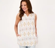 Denim & Co. Women's Top Sz S Naturals Printed Linen Blend wPockets White A500901