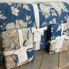 POTTERY BARN BETHANY FLORAL EMBROIDERED REVERSIBLE QUILT SET, F/Q 2 EURO SHAMS 