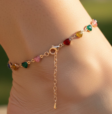 Charming Heart Dangle Anklet Gold Plated Designer Enamel Charm Chain For Women