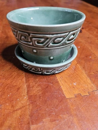 Vintage McCoy Pottery Planter Green Greek Key Hobnail Pot Saucer Flower Pot 3”!