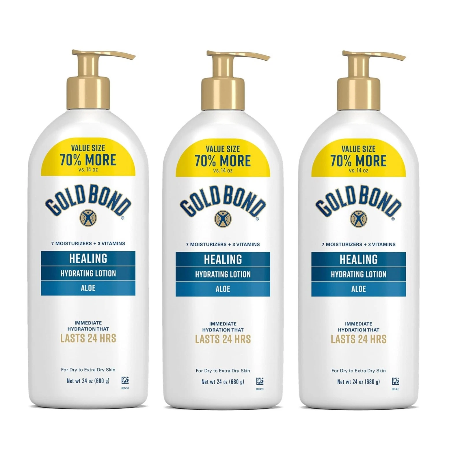 (3) Gold Bond HEALING 24HR Hydrating Lotion W/ Aloe-For Extra Dry Skin-24oz Each