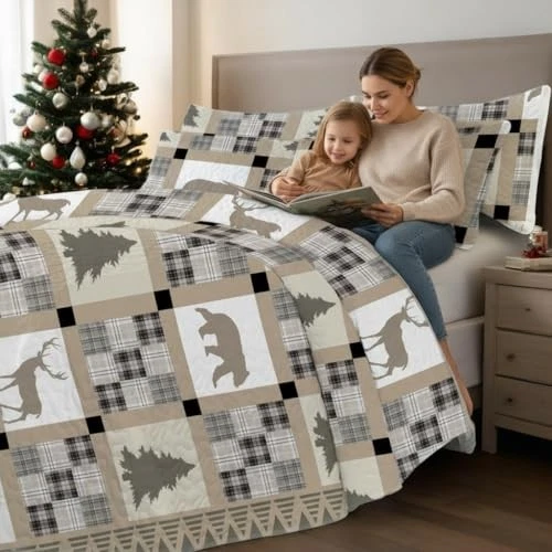 Juego de edredones de retazos de Navidad King - edredones marrones para King (90"x104") animal Foto 4 de 4