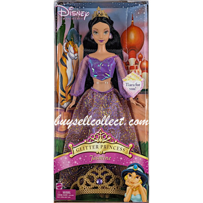 2005 Glitter Princess JASMINE Aladdin Disney Princess doll & Tiara Mattel J0148