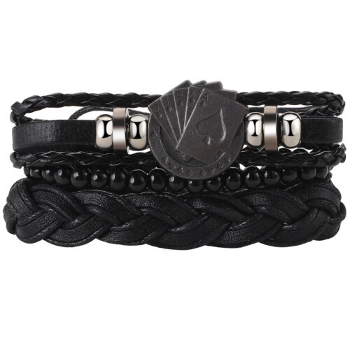 1-3pcs Retro Multilayer Braided Leather Bracelet Mens Hook Poker Wrap Wristbands - Imagen 3 de 16