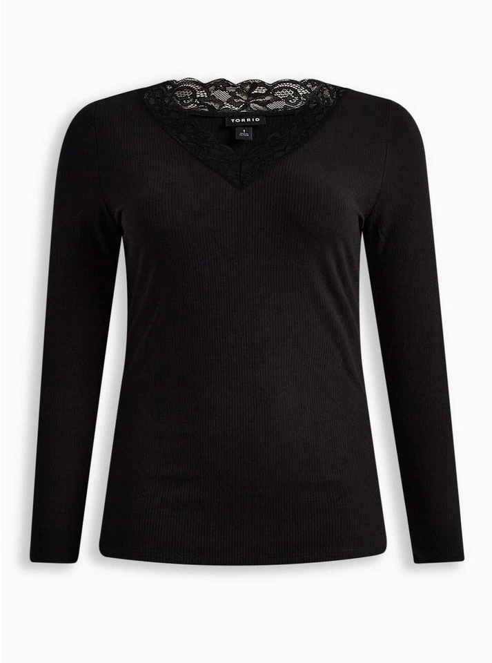 Torrid 超柔软罗纹蕾丝装饰 V 领长袖上衣黑色 00 M/L 10 #D59557