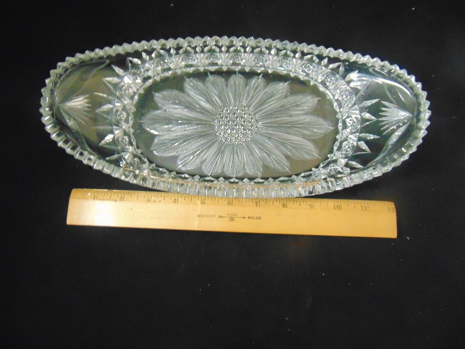 13" ABP American Brilliant Cut Glass Celery Tray, HC Fry Co? Flower, Poppy?