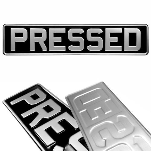 SET OF 2 OBLONG Black and Silver Pressed Number plates Car Metal Classic (pair) - Picture 4 of 4