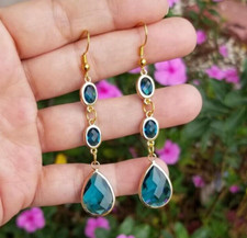 14k Gold Blue Topaz Earrings, Australian Crystal Blue Topaz Dangle Earrings