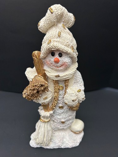 Snowman Figurine Knit Hat & Scarf Holding Gold Broom Collectible Christmas Decor - Picture 6 of 9