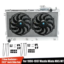 2 Row Aluminum Radiator + 2X12" Slim Fan Fit 1990-1997 Mazda Miata MX5 MT Manual