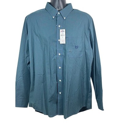 Chaps Mens XL Button Down Shirt Hampton Green Micro Check Easy Care Long Sleeve